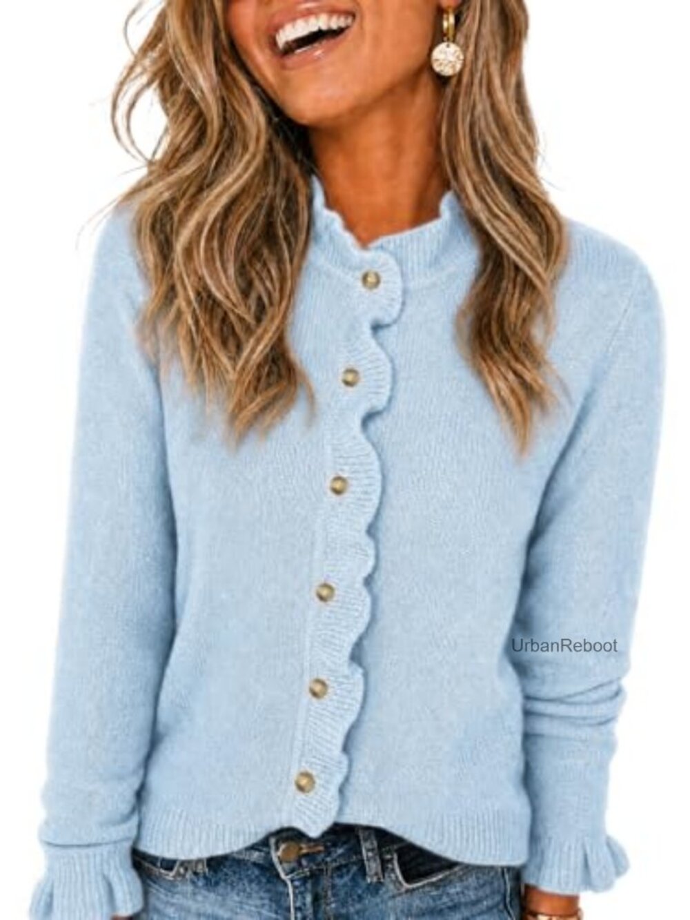 Ruffle Trim Button Down Knit Cardigan Sweater Mock Neck Long Sleeve